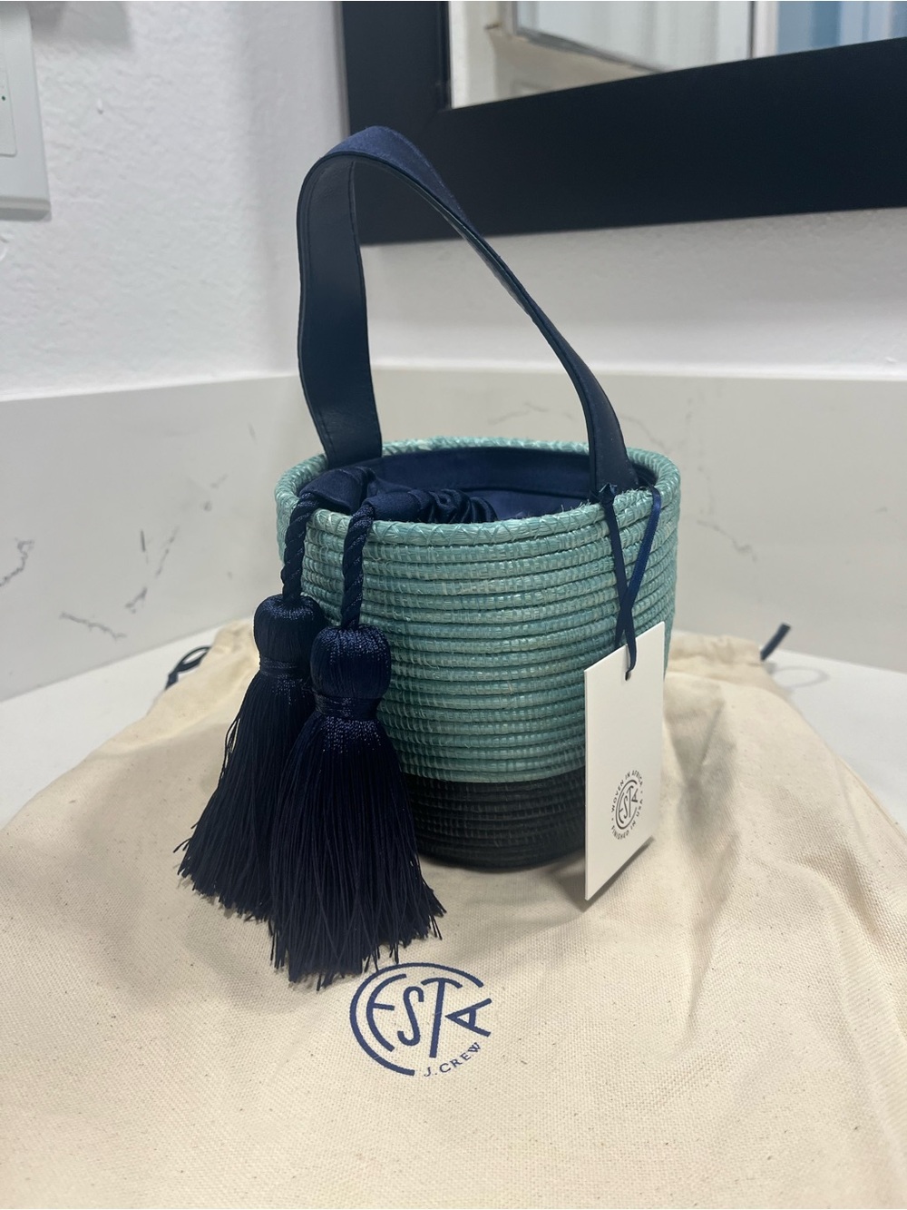 J. Crew Teal and Navy Straw Bucket Mini Bag with Tassels
